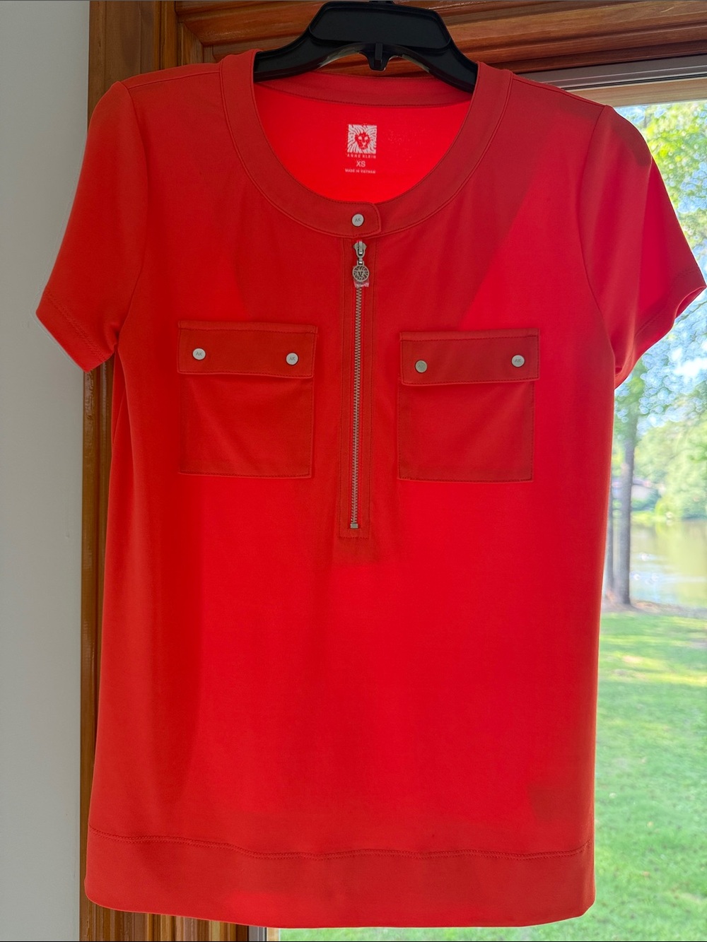 Anne Klein Bright Orange Red Short Sleeve Zip Pocket Top